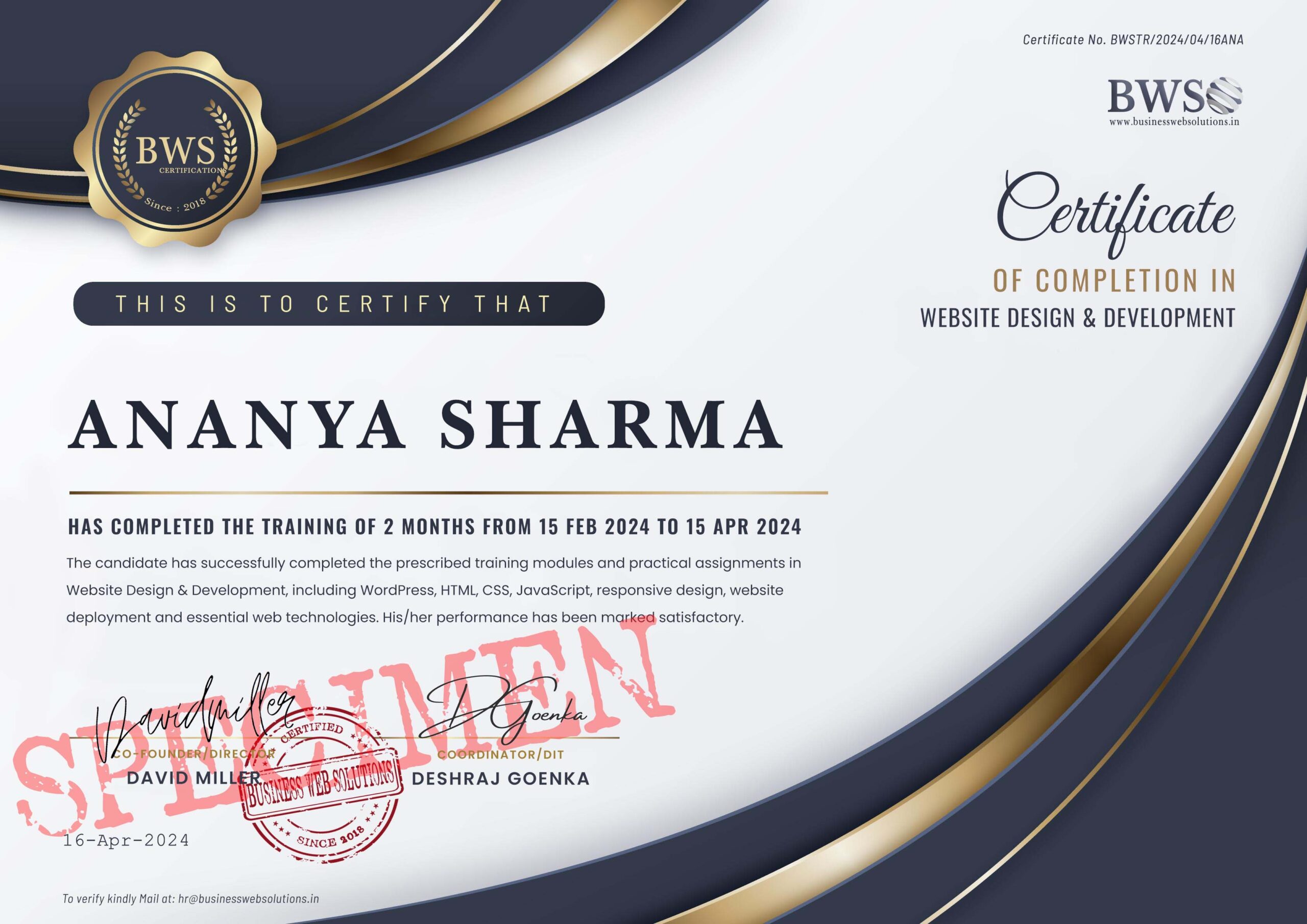 ANANYA SHARMA TRAINING SAMPLE CERTIFICATE scaled