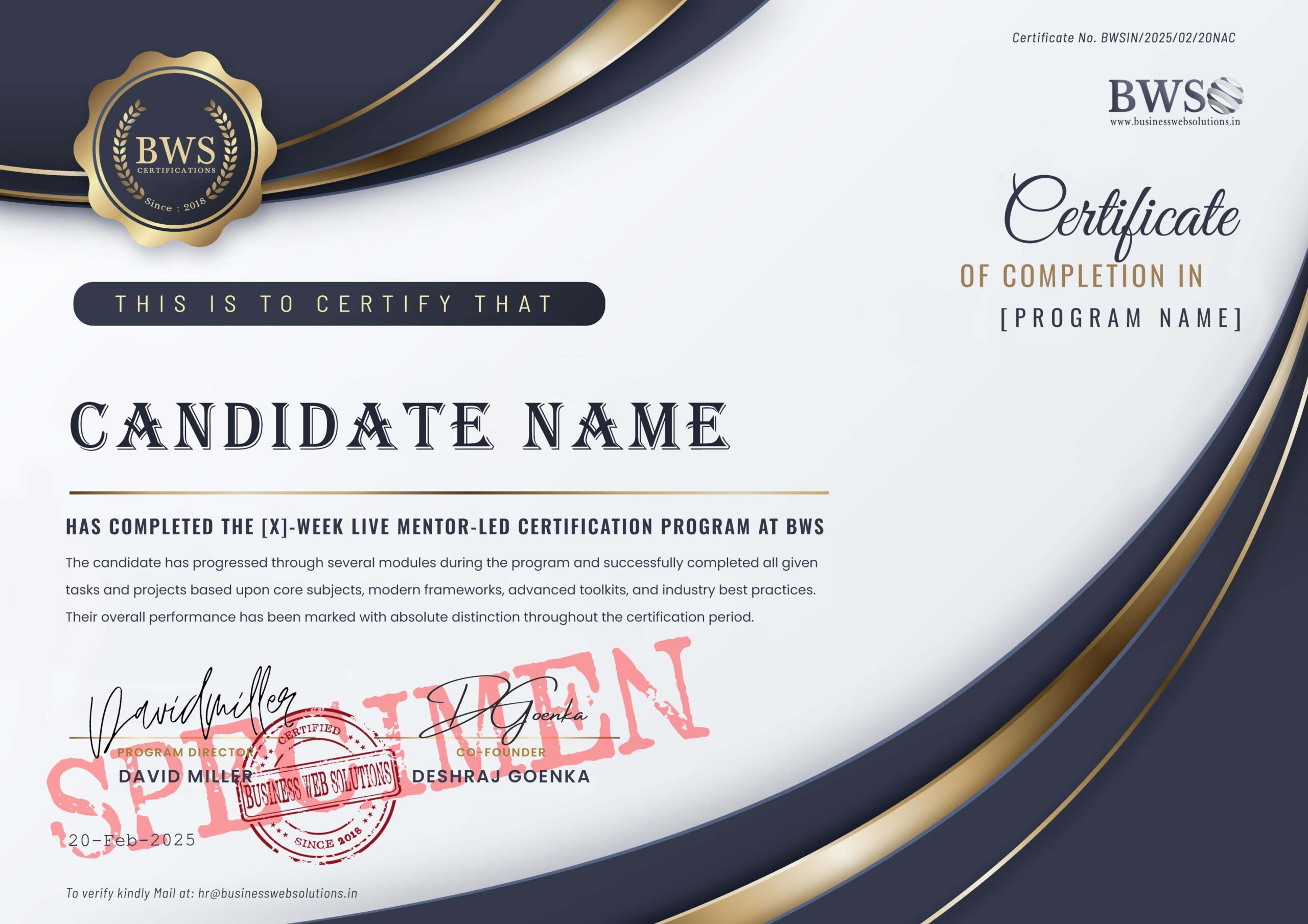 BWS SAMPLE CERTIFICATE Business Web Solutions scaled